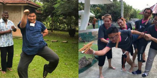 DBD HUB corporate wellness customised team building activity in Singapore featuring employees participating in the Squid Game challenge inspired by the Korean drama to build team motivation, dedication, and collaborative problem-solving skills in a fun and engaging environment.