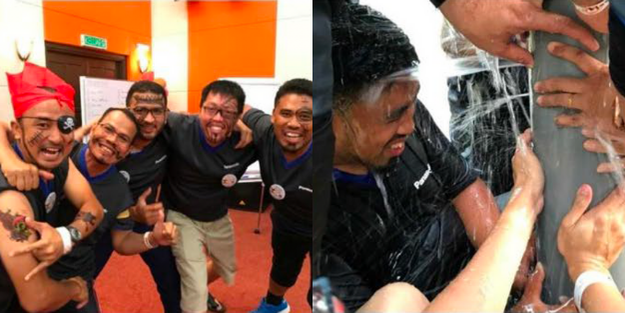 DBD HUB corporate wellness customised team building activity in Singapore featuring employees dressed as pirates participating in the Pirates of the Caribbean challenge to build teamwork, problem solving, and adventure skills while searching for Black Beard’s gold coins.